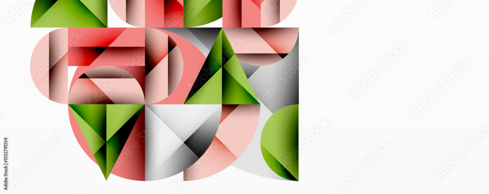 Fototapete Abstract geometric composition. Shapes overlap, creating complex visual texture. Colors include red, green, gray, pink. Minimalist design.