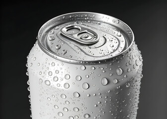Closeup view of a silver aluminum can with water droplets