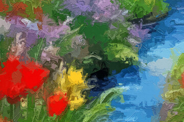 Various oil paintings, floral landscapes, lakes, tulips, roses, peonies, forests, chrysanthemums, birds, swans