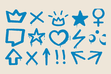 Set of Graffiti Doodle Icons – Dripping Spray Paint Symbols Including Hearts, Stars, Arrows, and Emojis on Beige Elements Clipart Vector Illustration on White Background