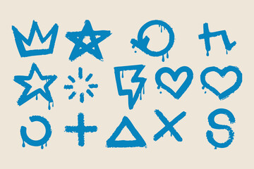 Set of Graffiti Doodle Icons – Dripping Spray Paint Symbols Including Hearts, Stars, Arrows, and Emojis on Beige Elements Clipart Vector Illustration on White Background