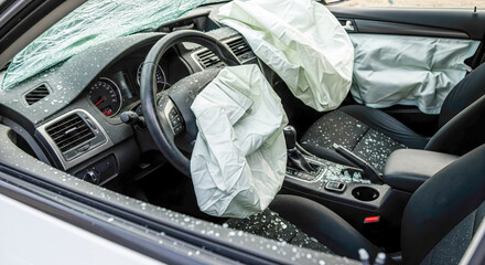 Car Interior Damaged With Deployed Airbags
