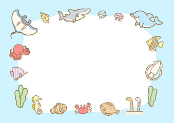 夏の海の魚のフレーム、海の生き物の飾り枠のイラスト