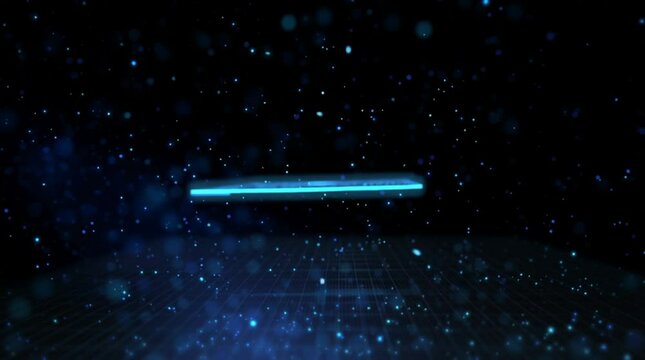 Futuristic sci-fi background of a flat LED panel floating in zero gravity, flickering with digital glitches. Perfect placeholder for logos or UI elements.

