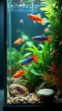 Fish swim in freshwater aquarium with plants
