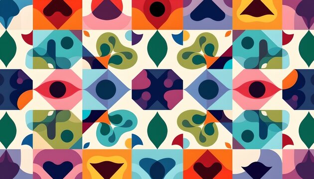 a vibrant patchwork of shapes and patterns that resemble leaves in a variety of colors. this mosaic like design is set against a dark background, creating a striking contrast