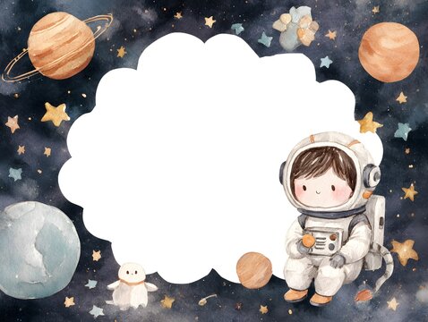 Astronaut cartoon illustration, greeting card template text copy space design. Childern theme.