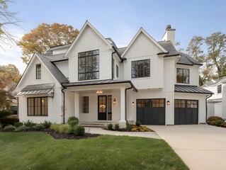 A large, modern farmhouse with a white exterior and dark accents.