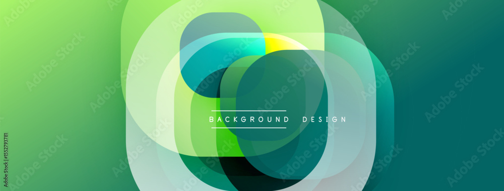 Poster abstract design features overlapping circles, vibrant green hues, smooth gradients. modern aesthetic
