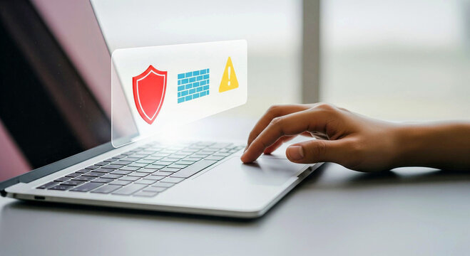 Laptop with Minimalist Holographic Cybersecurity Icons on Clean Desk