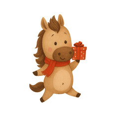 Cute horse in red scarf carrying christmas present cartoon flat illustration isolated on white background