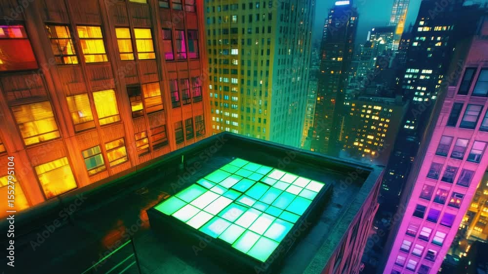 Poster panoramic view of a city skyline at night from a rooftop, suitable for use in urban-themed designs a