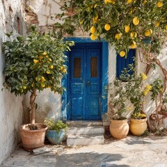 Obraz premium Sun-drenched Mediterranean courtyard with a vibrant blue door flanked by lemon trees in terracotta pots, showcasing weathered stone walls and bright sunlight
