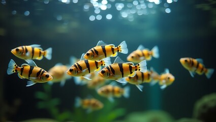 Tiger barbs in aquarium swimming together