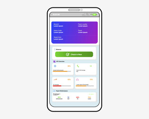 Modern Mobile App UI for Employee Attendance, KPI Overview, and Team Performance Dashboard Interface