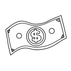 Hand drawn cartoon money bill line art drawing. Financial outline icon