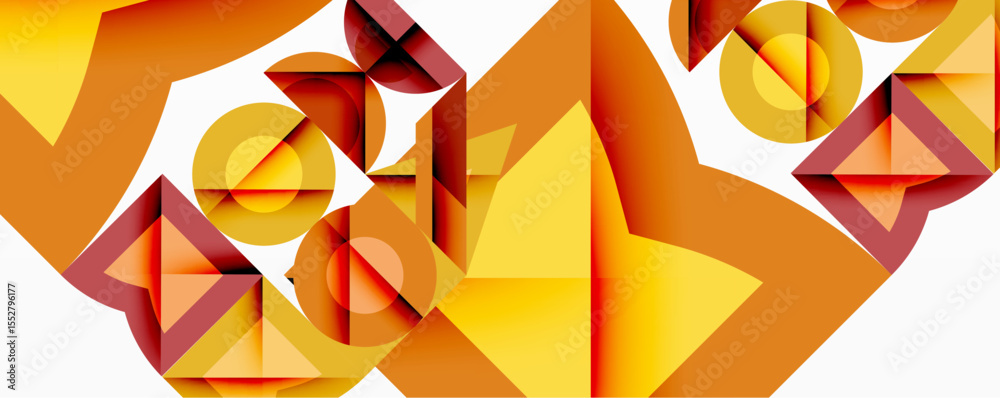 Poster Abstract geometric composition. Warm color palette dominates, featuring overlapping shapescircles, triangles, squares. Gradient shades create depth, visual interest. Modern design element.