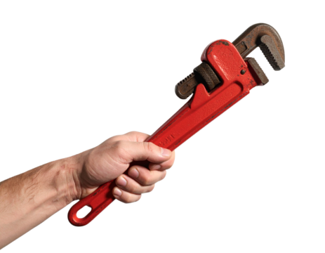 hand holding a red wrench