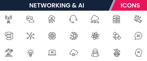 Vector illustration web line icon collection for networking & AI, connections, neural networks, data, and tech symbols in a sleek, modern, innovative design style.