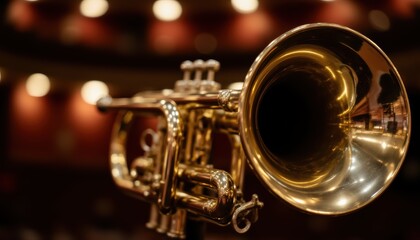Close-Up View of a Polished Brass Trumpet Ready for Performance in a Concert Hall