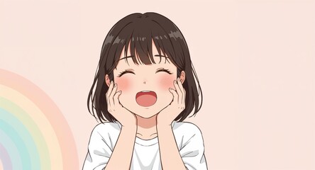 Excited Asian girl with hands on cheeks on soft rainbow corner background anime cartoon illustration