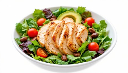 Healthy Chicken Salad with Avocado and Cherry Tomatoes in a Fresh Green Salad Bowl