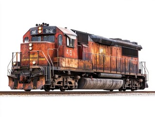 Fototapeta premium A weathered locomotive stands on the railway tracks, showcasing its aged paint and unique design. The sun shines brightly, emphasizing the rust and texture of its body.