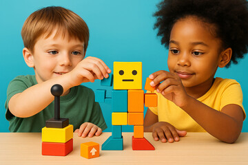 Two children are playing with a robot toy