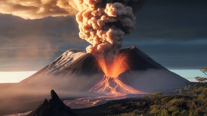 Volcano eruption with lava and smoke plume
