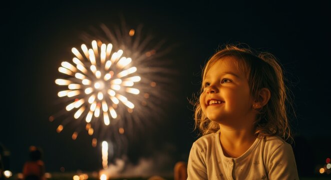 Young girl watching fireworks display illuminated against dark night sky showing joyful expression capturing festive celebration moment with radiant lights and potential celebration related usage