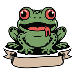 A cartoon frog with a banner below on a white background