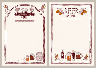 Craft beer menu set. Vector hand-drawn icons featuring beer mugs, a beer barrel, malt, and wheat. Perfect for bar menus, branding, packaging, and print projects