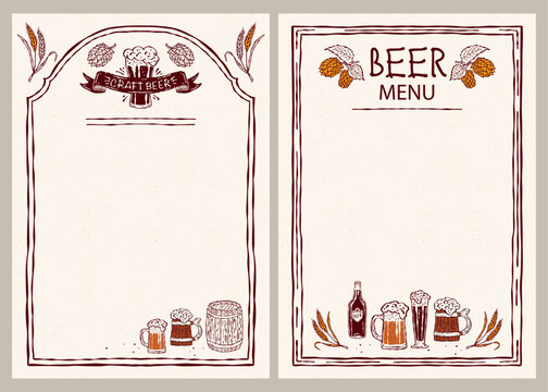 Craft beer menu set. Vector hand-drawn icons featuring beer mugs, a beer barrel, malt, and wheat. Perfect for bar menus, branding, packaging, and print projects