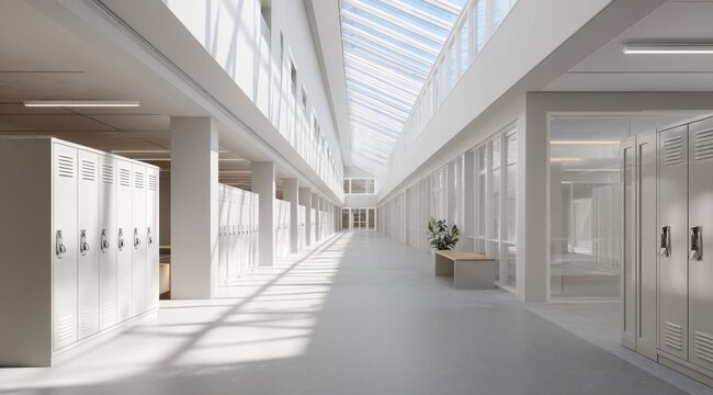 Sunlit minimalist hallway with rows of white lockers, a light wood bench, and a glass-walled room at the end, showcasing clean architectural lines and abundant natural light