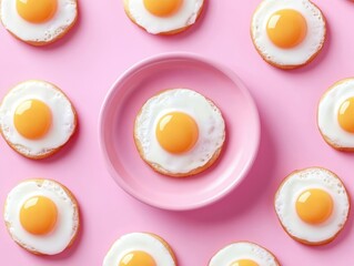 Fried eggs are artfully positioned on a soft pink surface, with one egg placed in a small round bowl. The bright yellow yolks create a visually appealing contrast.