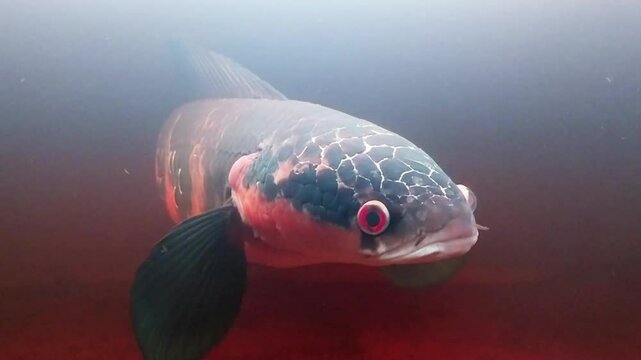 Close-Up of Giant Snakehead Fish (Channa) Underwater in Aquarium
