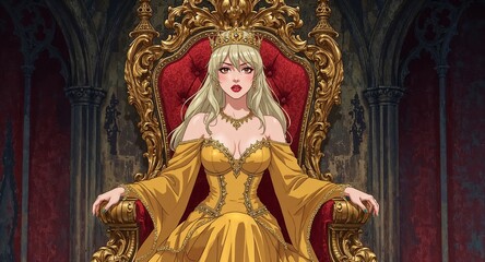 Sultry blonde queen in golden gown on jeweled throne with gothic arches anime cartoon illustration