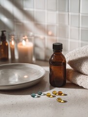 Sunlit spa scene amber bottle, pills, candles, towels, and a shallow dish on a light counter