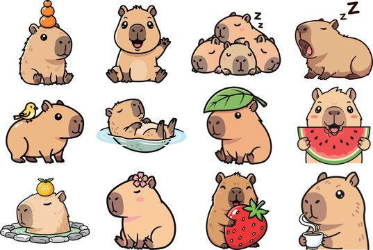 Cute capybara cartoon characters in various poses. Set of kawaii capybaras.