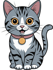 This illustration features a charming gray tabby kitten, rendered in a pixel art style. The kitten is sitting and wearing a pink collar with a gold tag, creating a cheerful and playful mood.