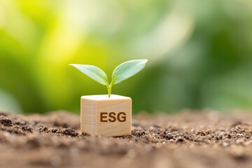 ESG Wooden Cube Puzzle in Soil with Sprout, Sustainability Investment Visual, ESG