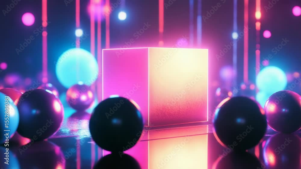 Aufkleber a pink cube surrounded by many shiny balls, ideal for use in illustrations of childhood wonder or as