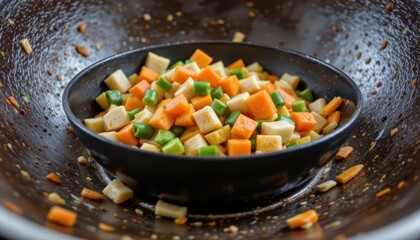 Colorful Vegetable Mixture in Black Bowl Ready for Cooking on a Dark Background