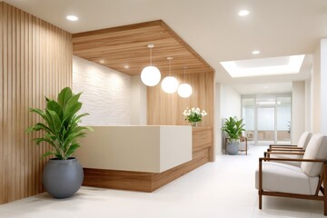 Moodscaping: Stress-reducing hospital reception with ambient lighting and calming natural materials