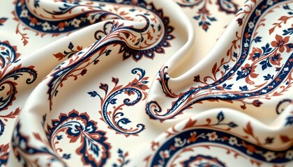 a close up of fabric with an intricate pattern, featuring a repeating design that includes scrolled elements and possibly paisley shapes
