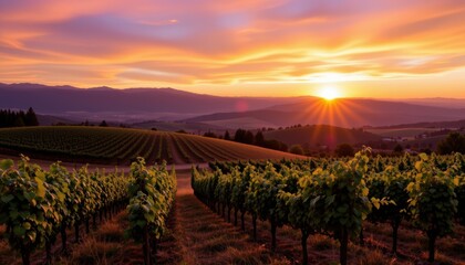 Fototapeta premium Vibrant Vineyard Landscape at Sunset with Rolling Hills and Golden Sky in the Countryside