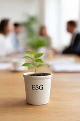 Green Seedling on Office Desk, ESG Concept, Corporate Responsibility, ESG