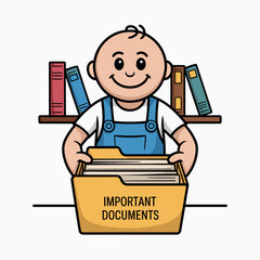 Cartoon character holds important documents in folder with bookshelf in background. Illustration for organization, planning, records, and information.