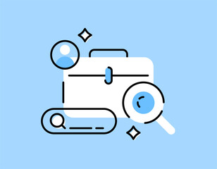a job search concept. job search service. recruitment and hiring. illustration of a briefcase with magnifying glass, search bar. flat style design with outline. asset element symbol