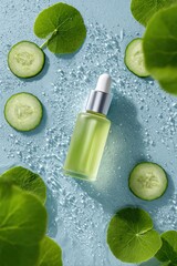 Centella Serum with cucumber, centella leaves and water drops, ultra-hydrating skincare flat lay, Selective Focus
